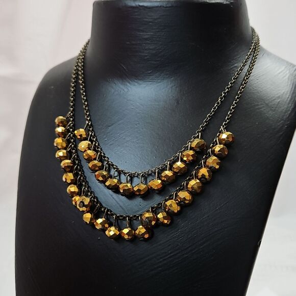 Double Strand Gold Glass Bead Necklace - Picture 3 of 6